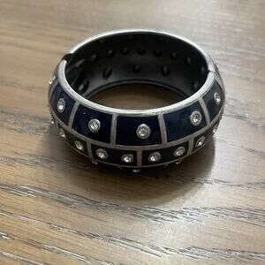 Blue Enamel Womens Bracelet Clamper Bangle Rhinestone Fashion Retro Heavyweight